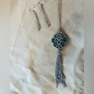 Long Silver and Green Necklace NWOT